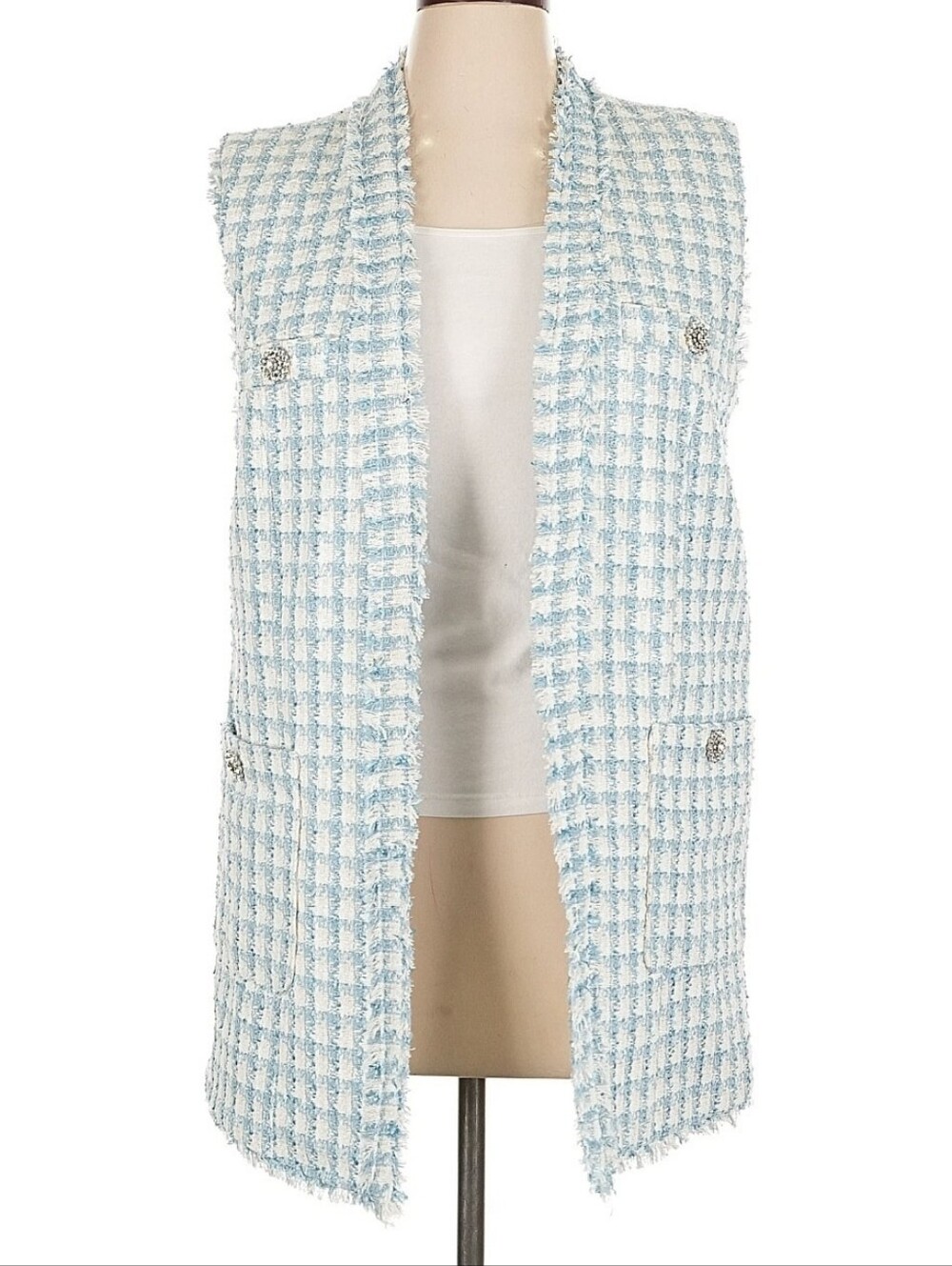 NWT ASOS River Island Blue and Cream Sleeveless Tweed Long Vest